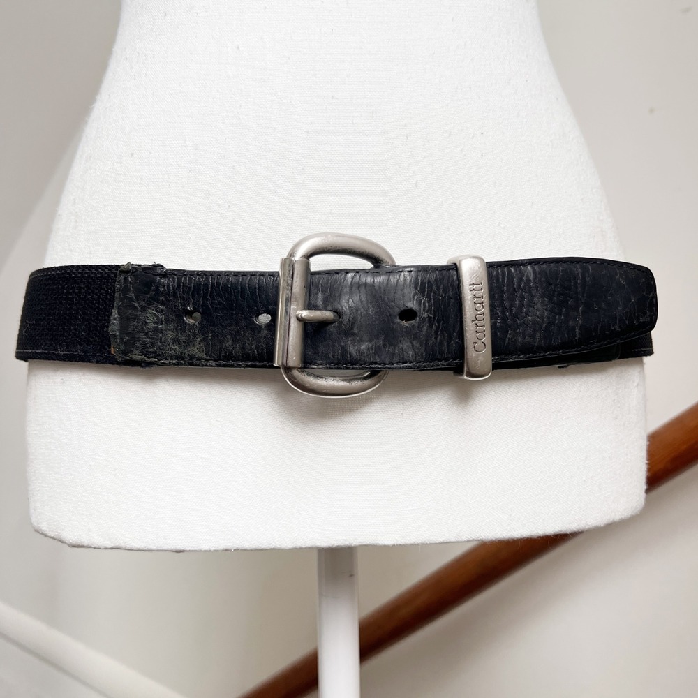 Vintage Carhartt Belt Size 34 Black Leather Trim Workwear Gorpcore Faded Utility